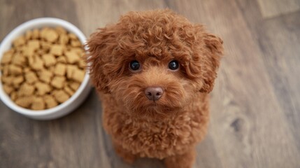 Cute brown dog sits next to bowl of dog food on wooden floor