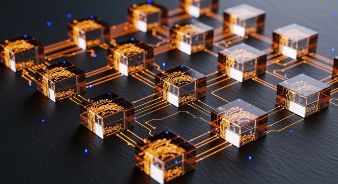 Interconnected Network of Data Cubes Representing Blockchain Technology and Secure Digital Transactions on a Dark Background - Powered by Adobe