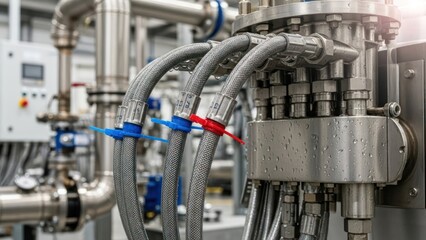 Fototapeta premium Close-up of industrial machinery with metal pipes and tubes in a factory setting with a