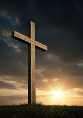 A rugged wooden cross stands against a powerful, glowing sky, representing sacrifice, profound faith, and spiritual devotion, religion, traditional, belief system