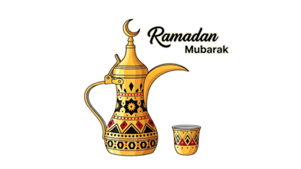 Ornate golden arabic dallah coffee pot and small glass with intricate patterns isolated on transparent background