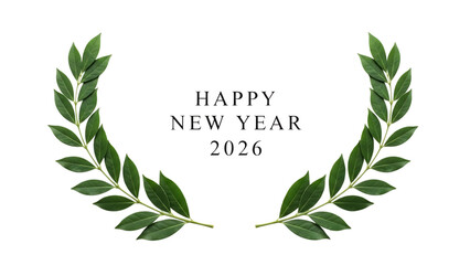 Happy new year 2026 greeting card with green laurel wreath on a transparent background