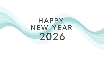 A modern happy new year 2026 greeting design with abstract light blue wavy ribbon on a transparent background