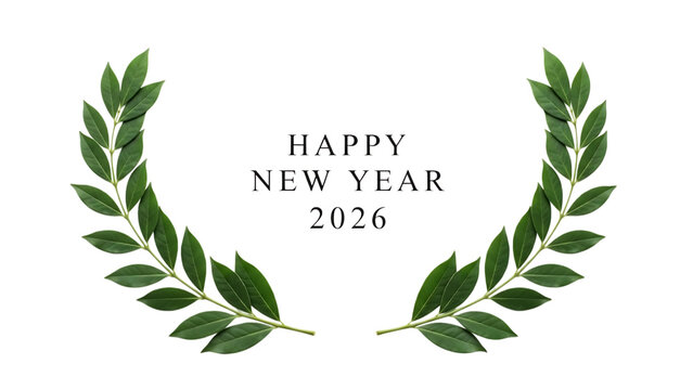 Happy new year 2026 greeting card with green laurel wreath on a transparent background