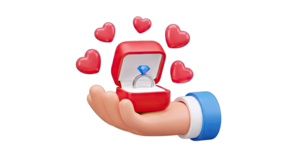 Hand Holding Engagement Ring in Box with Hearts - Proposal Concept