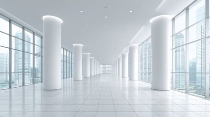 Obraz premium Bright Modern Empty Office Interior with Cylindrical Columns and City View through Large Windows