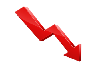 A red downward pointing arrow symbolizing negative trend and financial loss isolated on transparent background