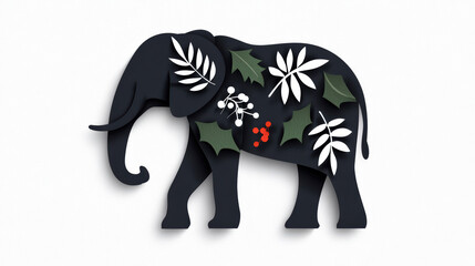 Fototapeta premium A stylized elephant silhouette adorned with botanical patterns, combining elements of nature in a unique and artistic design.