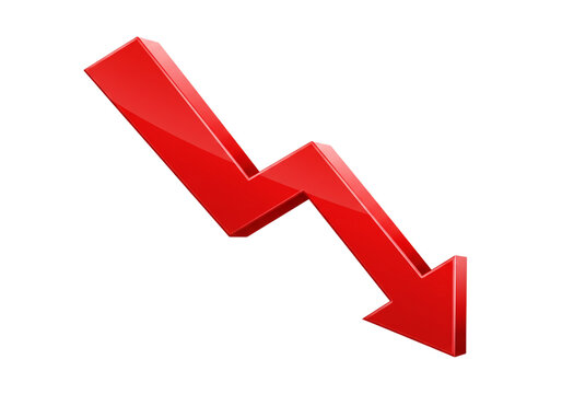 A red downward pointing arrow symbolizing negative trend and financial loss isolated on transparent background - Powered by Adobe