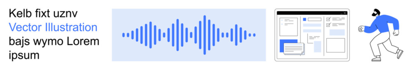 Obraz premium Audio technology, user interface design, tech communication, sound analysis, app layout development, human interaction. Blue audio waveform and abstract interface. Audio technology and user interface