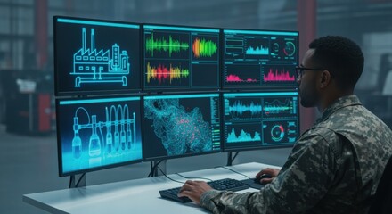 African American technician monitors industrial process analytics using multi-screen display in control room environment, ensuring operational efficiency