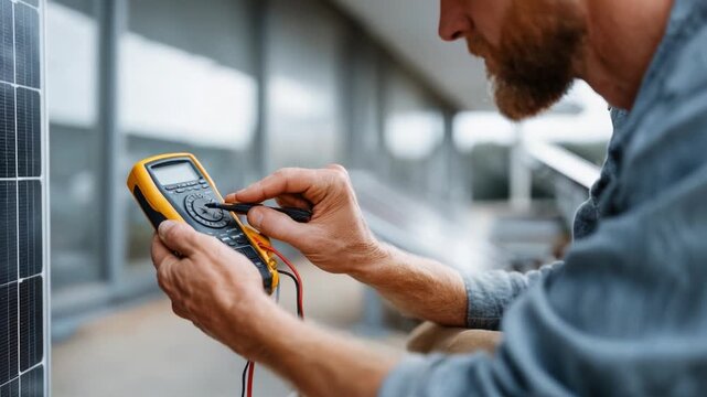 A Skilled Technician Using a Multimeter to Measure Voltage on a Solar Panel, Displaying Attention to Detail and Expertise in Renewable Energy Technology.
