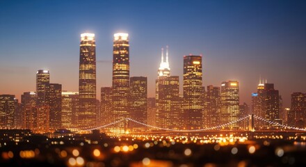 Fototapeta premium Cityscape at Dusk: Captivating Urban Skyline with Golden Lights and Architectural Brilliance at Twilight