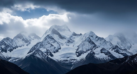 Majestic snow-capped mountain range landscape with cloudy sky and rugged peaks in dramatic natural scenery