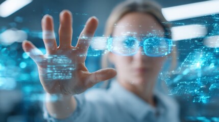 Woman Experiencing Augmented Reality Interface with Futuristic Glasses, Interacting with Digital Data Stream, High-Tech Vision