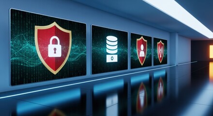 Cybersecurity Icons Displayed on Digital Screens in a Modern Office, Representing Data Protection and Network Security