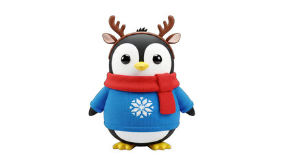 Naklejka premium Festive Penguin Wearing Reindeer Antlers and Sweater on White