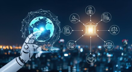 Robotic Arm Holding Global Network, Representing Digital Transformation and Technology Integration for Modern Finance and Legal Solutions