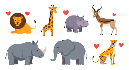 Fototapeta premium Vivid illustration features a diverse group of wildlife including a lion giraffe hippo antelope rhino elephant and cheetah with playful heart icons.