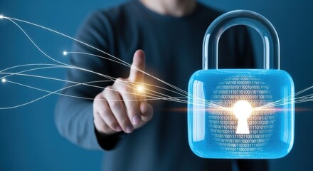 Cybersecurity Concept: Person Touching Holographic Padlock Display Representing Data Protection and Digital Security
