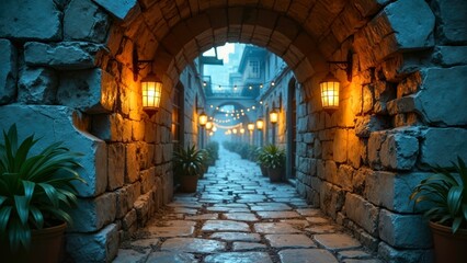 Green plant cave installation decorates the ancient alley landscape area