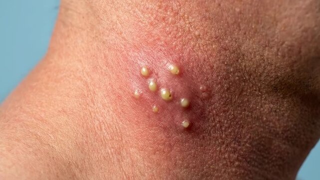 Close-up of a cluster of pustules on a persons neck, indicating a skin infection or condition.