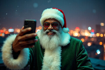 Santa Claus Taking Selfie with Smartphone in Snow
