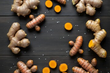Flat Lay Composition of Fresh Ginger, Galangal, and Turmeric Roots on a Dark Rustic Wooden Background, Natural Light for Healthy Drink, Herbal, and Asian Cooking Content