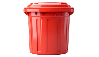 A full, vibrant red garbage receptacle with ridged sides and a matching lid