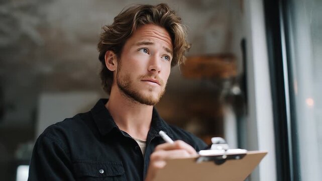 Thoughtful young man with tousled hair and a clipboard in hand gazes out the window, contemplating ideas and notes during a quiet moment of reflection and creativity in a serene indoor setting.