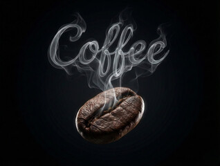 Roasted coffee bean with smoke typography spelling the word Coffee on black background