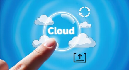 Cloud Computing Concept: Finger Touching a Digital Cloud Interface on Blue Background