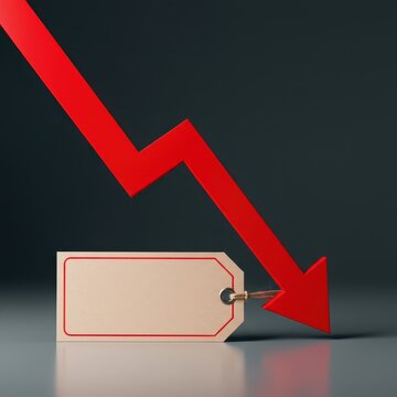 Conceptual image illustrating a sharp decrease in cost using a large red arrow pointing down near a blank commercial price label, symbolizing savings and value, budget, promotion, drop