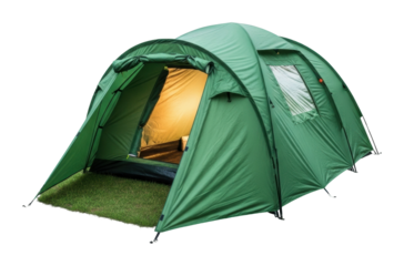 Camping adventure tent setup in nature at night under stars isolated on transparent background