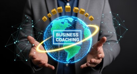 Professional coach holding earth globe symbolizing business coaching, leadership guidance and consulting, with digital glowing interface