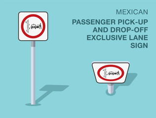 Traffic regulation rules. Isolated mexican "passenger pick-up and drop-off exclusive lane" road sign. Front and top view. Flat vector illustration template.