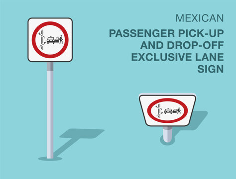 Fototapeta Traffic regulation rules. Isolated mexican "passenger pick-up and drop-off exclusive lane" road sign. Front and top view. Flat vector illustration template.