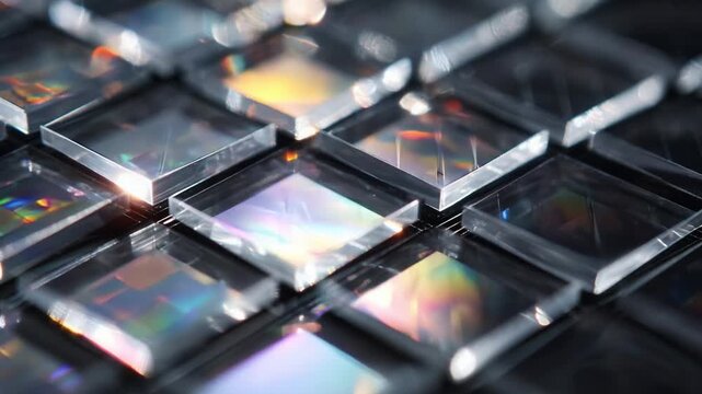 A mesmerizing close-up view of reflective optical elements arranged in a grid pattern, showcasing their intricate surface designs and vibrant color patterns, as they capture 