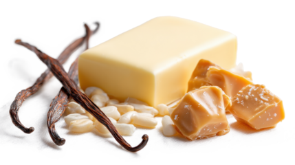 Caramel Toffee Ingredients with Butter, Vanilla Pods, and Sugar Crystals Isolated on White Background