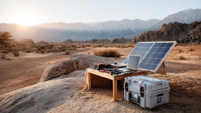 A solar-powered workstation in a serene landscape, showcasing solar panels, tools, and storage boxes, harmonizing technology with nature's beauty amidst rocky terrain during sunset.