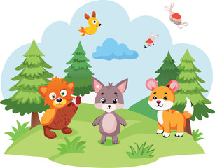 Naklejka premium cartoon-animals-in-hilly-forest-background-on-whit.eps