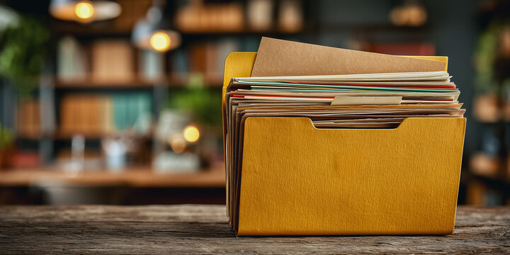 A detailed image of a meticulously organized, file folder filled with documents and papers, placed on an old table, conveying a sense of order, knowledge, and efficiency in a professional setting.