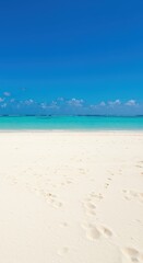 Expansive panorama capturing a deserted tropical beach with white sand, turquoise water, and a wide blue horizon under a clear sky, background, nature, peaceful