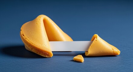 Crisp fortune cookie cracked open to reveal blank paper fortune against blue backdrop