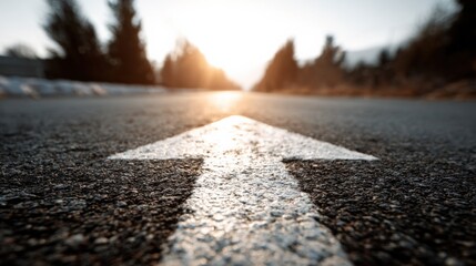 Arrow pointing forward on asphalt road with sunburst, illustrating success, achievement, direction, and strategy