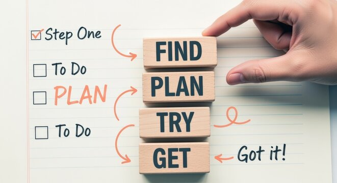 Concept of Steps To Success: Find, Plan, Try, Get, action items, checklist and hand