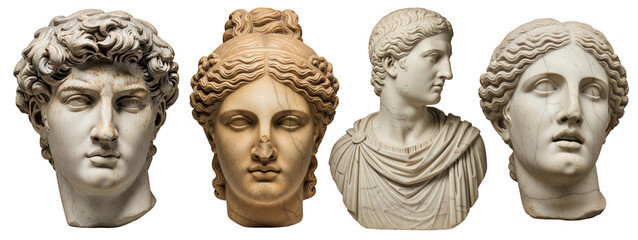 Row of four classical sculpture heads featuring one central golden terracotta bust flanked by white marble figures, representing leadership and contrast.