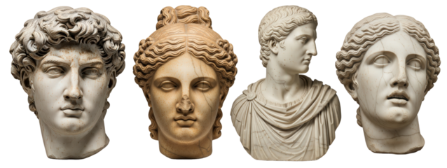 Row of four classical sculpture heads featuring one central golden terracotta bust flanked by white marble figures, representing leadership and contrast.