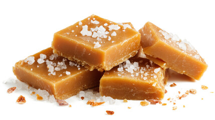 Salted Caramel Toffee Pieces with Sea Salt Crystals Isolated on White Background