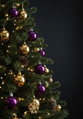 Festive holiday Christmas tree decorated richly with purple and gold ornaments, sparkling lights, and natural pine cones ,cheer, festive, tinsel